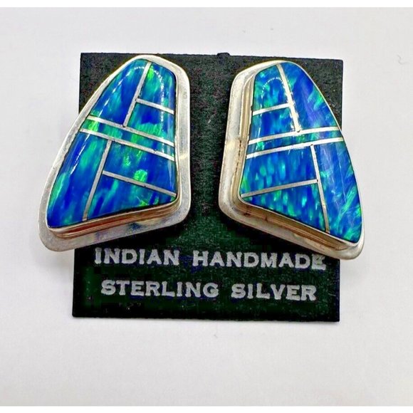 Zuni Handmade Sterling Silver 925 Signed TB Opal Inlay Post Earrings
